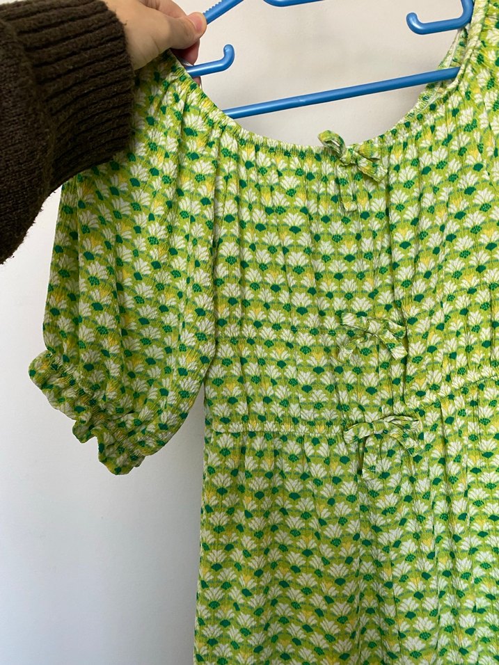 11-12 yaş kız çocuk Düğmeli Yeşil Bohem Kısa Tulum - Görsel 3