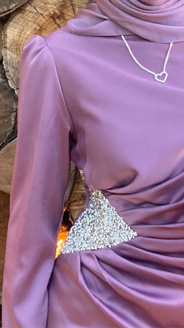 Lila Drapeli Uzun Kollu Abiye Elbise - Görsel 3