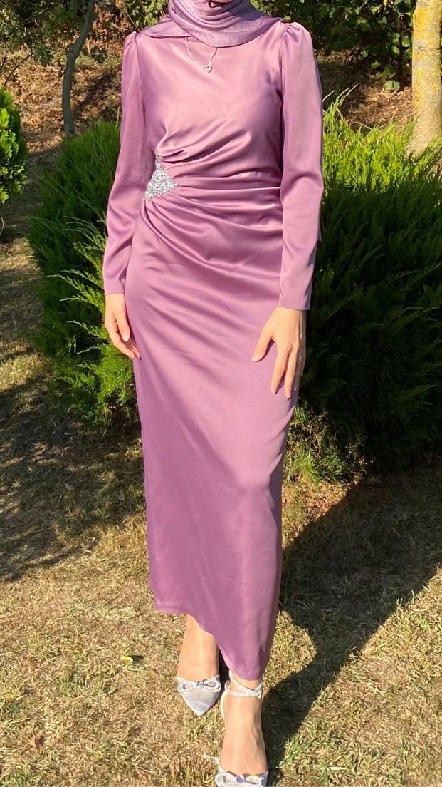 Lila Drapeli Uzun Kollu Abiye Elbise - Görsel 2