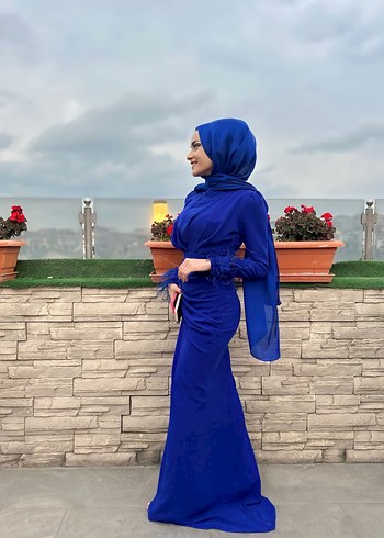 Uzun Kollu Drapeli Mavi Abiye Elbise - Görsel 2