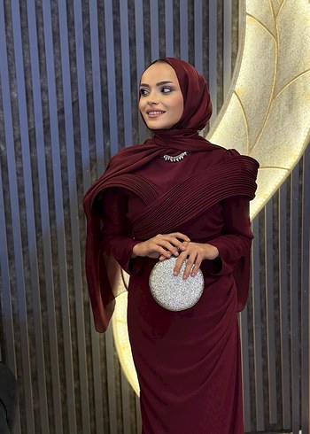 Bordo Drapeli Uzun Kollu Abiye Elbise - Görsel 2