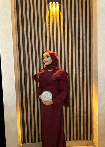 Bordo Drapeli Uzun Kollu Abiye Elbise - Görsel 3