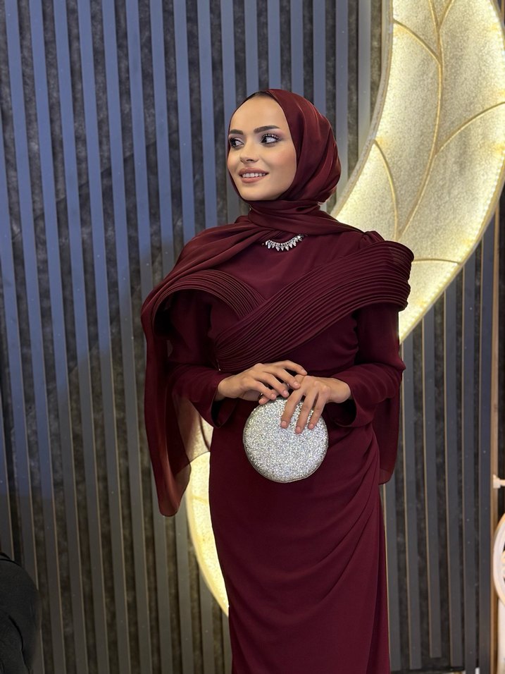 Bordo Drapeli Uzun Kollu Abiye Elbise - Görsel 2