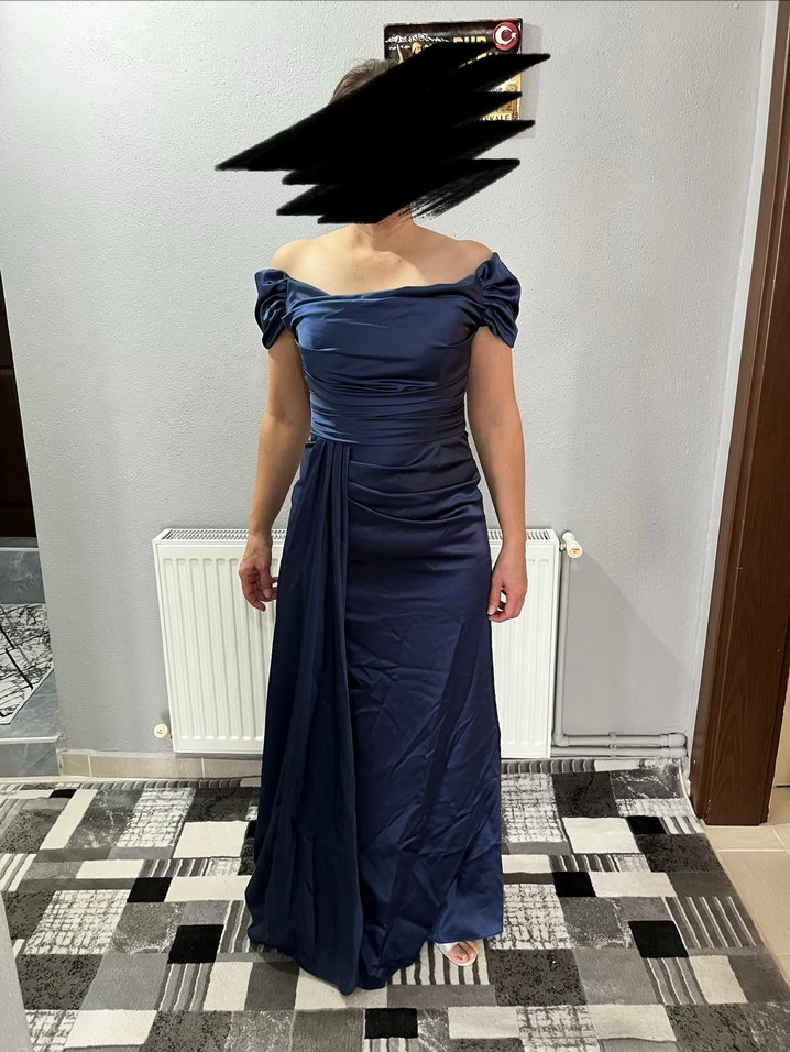 Lacivert Drapeli Uzun Abiye Elbise - Görsel 2