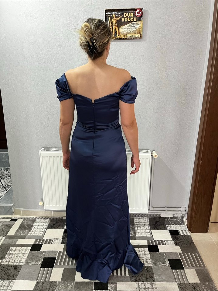 Lacivert Drapeli Uzun Abiye Elbise - Görsel 3