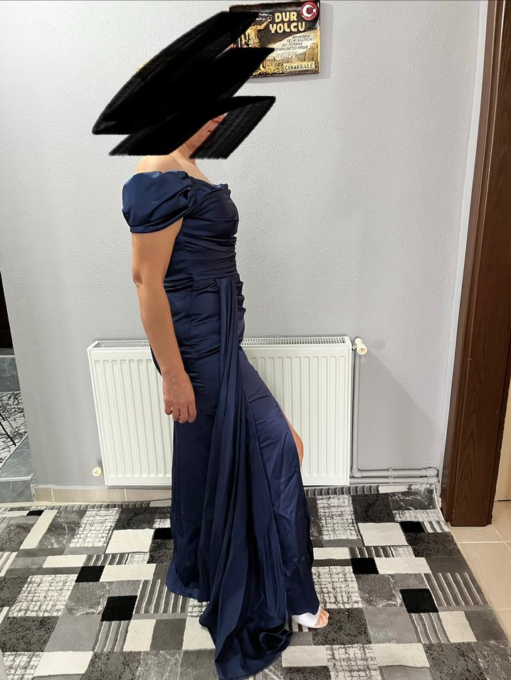 Lacivert Drapeli Uzun Abiye Elbise - Görsel 4
