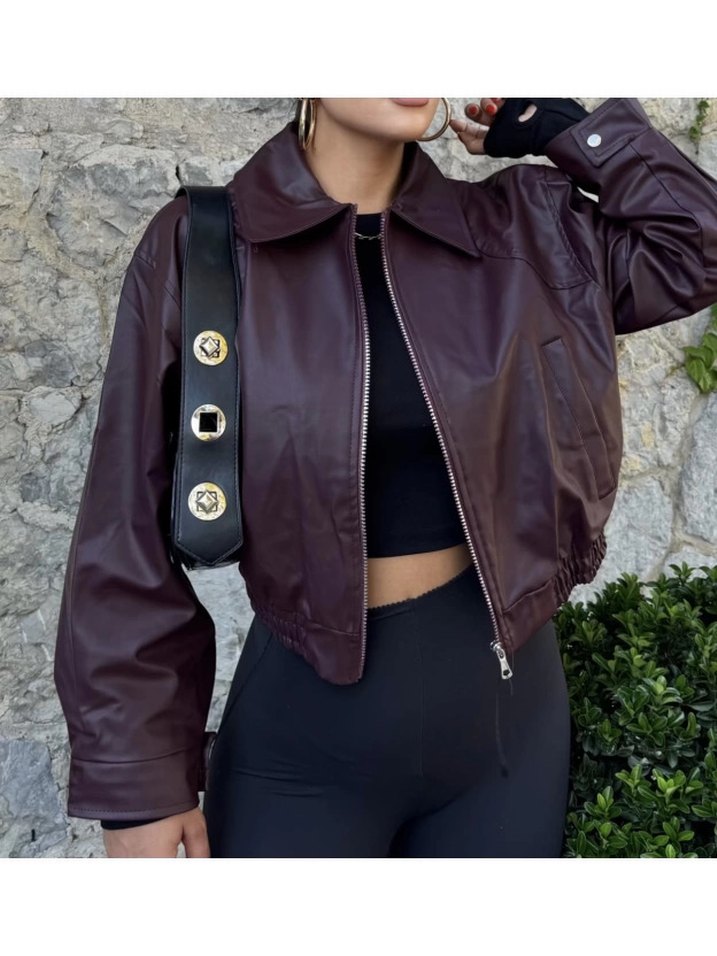 Bordo Bomber Deri Ceket - Görsel 2