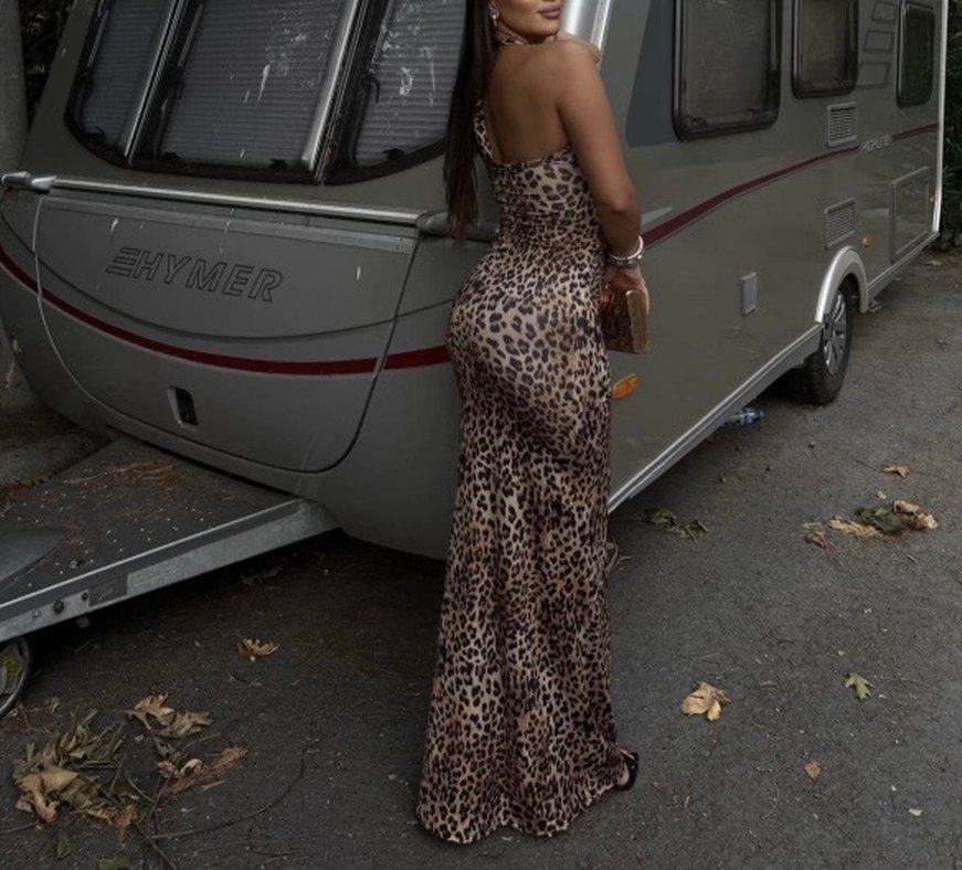 Drapeli Leopar Desenli Uzun Elbise - Görsel 3