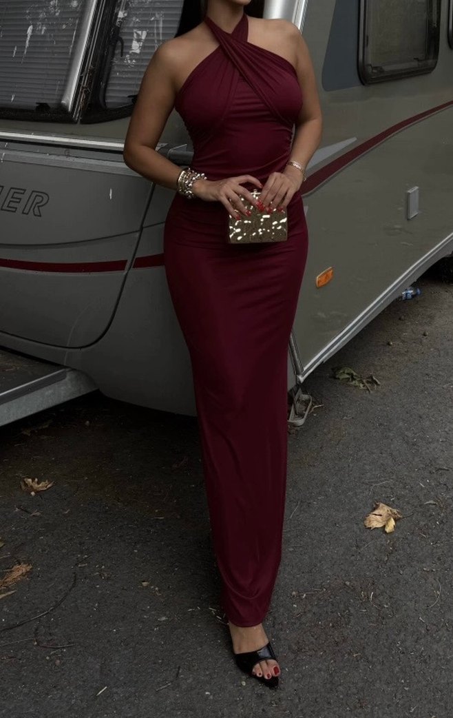 Bordo Drapeli Uzun Straplez Elbise - Görsel 2