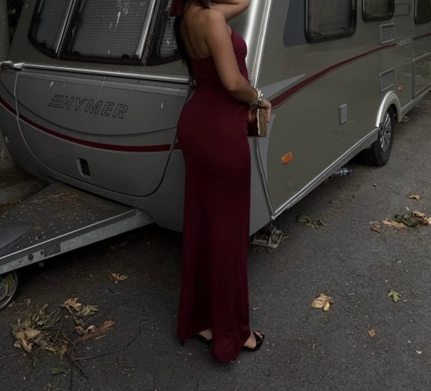 Bordo Drapeli Uzun Straplez Elbise - Görsel 3