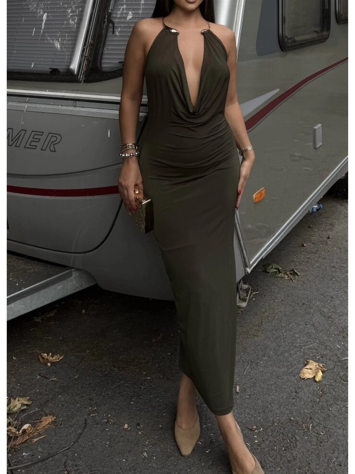 V Yaka Drapeli Uzun Kadın Elbise - Görsel 3