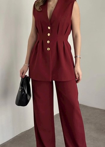 Düğmeli Kolsuz Bordo Mini Takım - Görsel 3