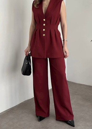 Düğmeli Kolsuz Bordo Mini Takım - Görsel 2