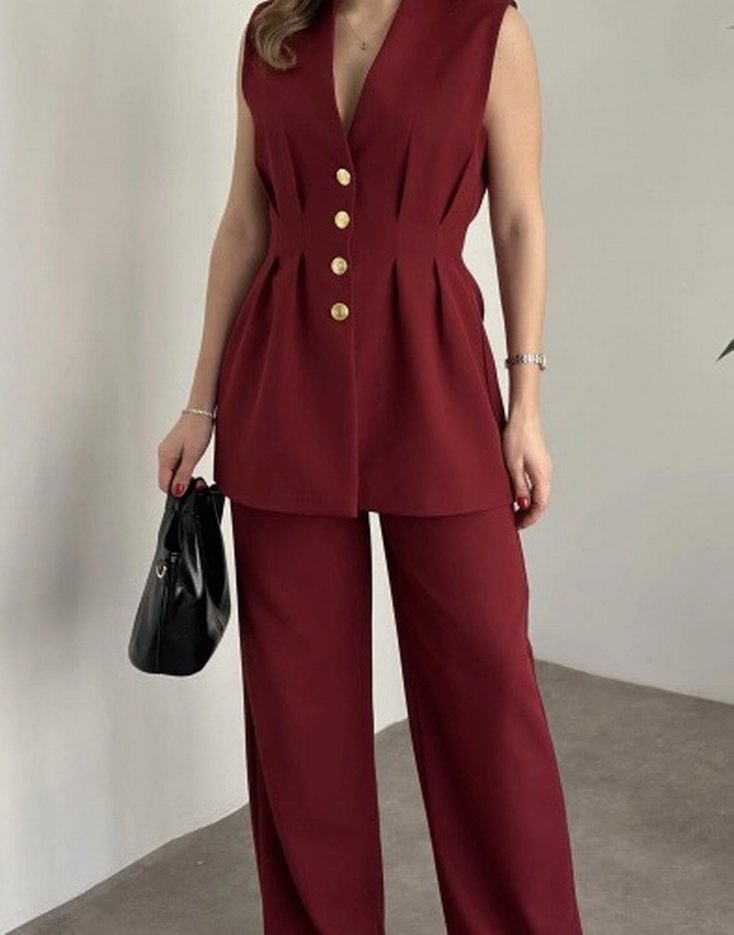 Düğmeli Kolsuz Bordo Mini Takım - Görsel 3