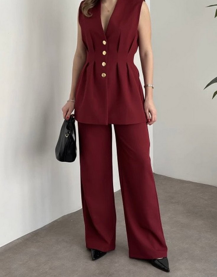 Düğmeli Kolsuz Bordo Mini Takım - Görsel 2