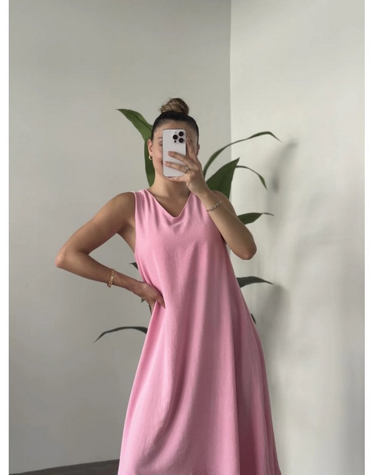 Pembe Keten Salaş V Yaka Uzun Elbise - Görsel 2