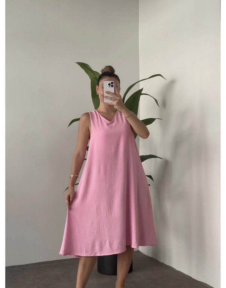 Pembe Keten Salaş V Yaka Uzun Elbise - Görsel 3