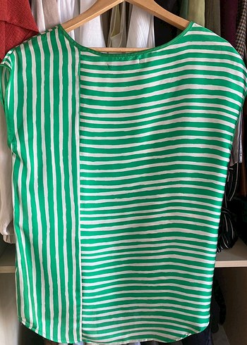 Zara Yeşil Çizgili oversize saten Bluz - Görsel 3