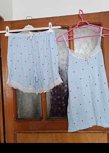 Nakışlı Mavi Mini İp Askılı Pijama Takımı