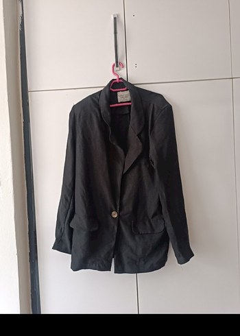 Siyah Keten Düğmeli Kadın Blazer Ceket