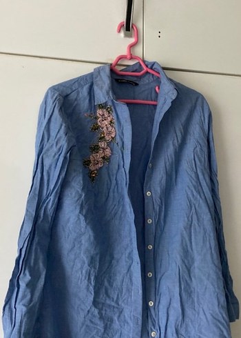 38 Beden Mavi Nakışlı Uzun Kollu Denim Gömlek