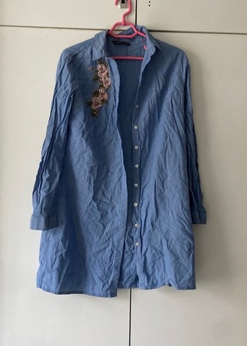 Mavi Nakışlı Uzun Kollu Denim Gömlek