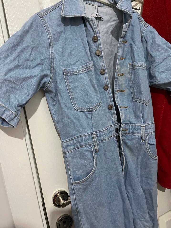 Düğmeli Denim uzun Tulum - Görsel 2