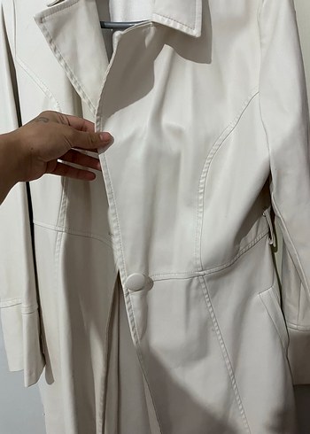 Beyaz Deri Uzun Trençkot - Görsel 2