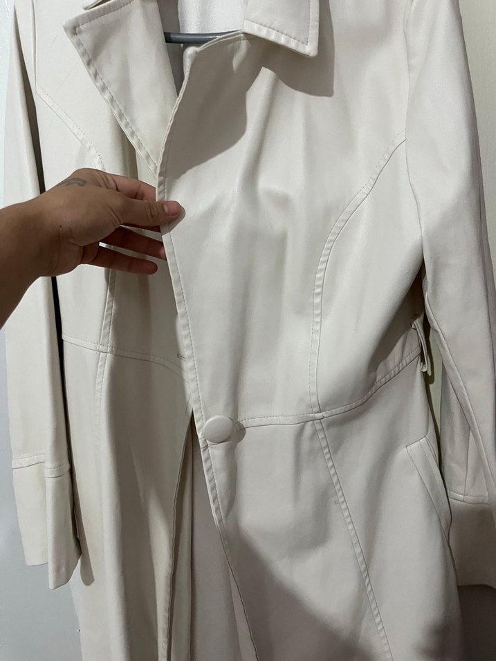 Beyaz Deri Uzun Trençkot - Görsel 2