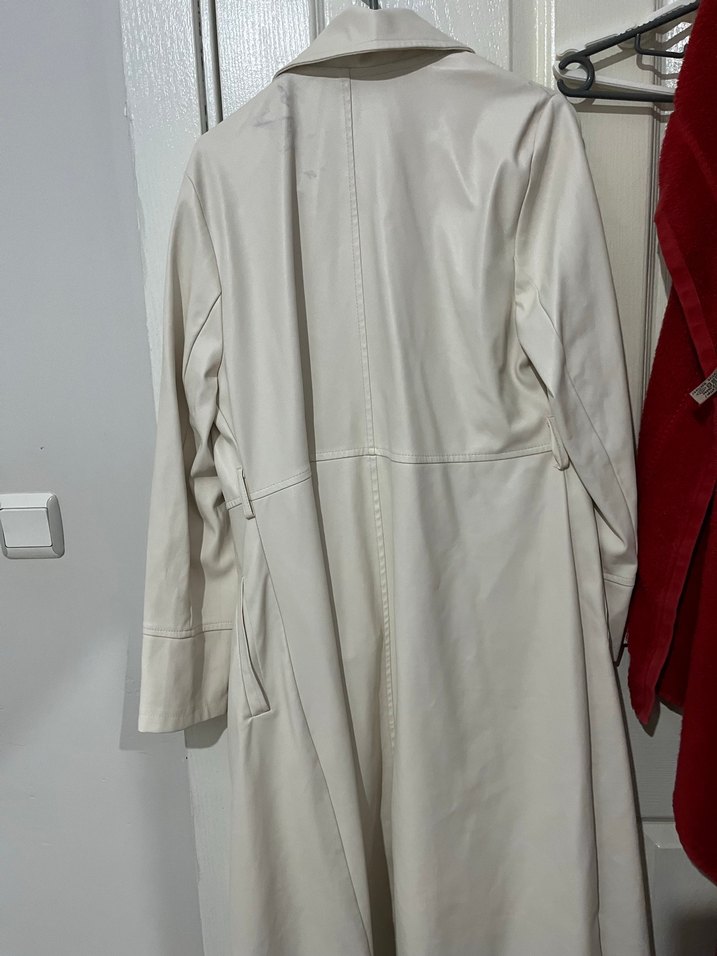 Beyaz Deri Uzun Trençkot - Görsel 3