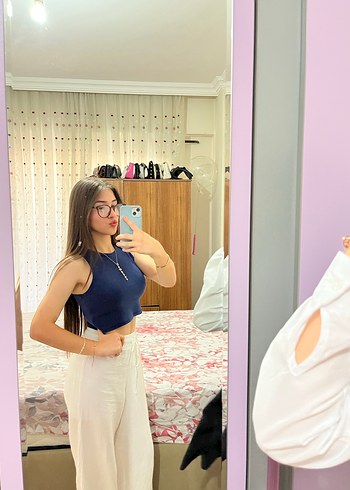 Beyaz Drapeli Dar Kesim Uzun Kot Pantolon