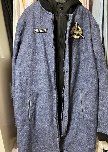 Gri Nakışlı Denim Düğmeli Erkek Kaban