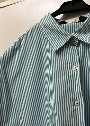 Düğmeli Turkuaz Çizgili Uzun Kollu Kadın Gömlek - Görsel 2