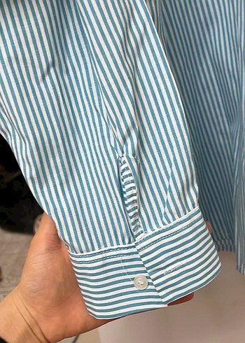 Düğmeli Turkuaz Çizgili Uzun Kollu Kadın Gömlek - Görsel 4