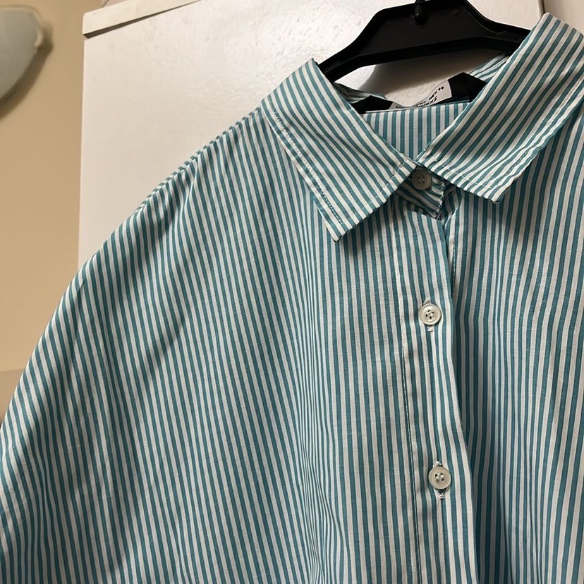 Düğmeli Turkuaz Çizgili Uzun Kollu Kadın Gömlek - Görsel 2