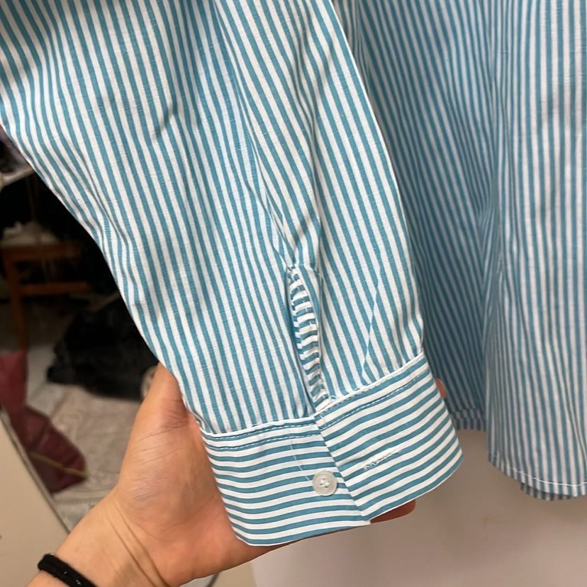 Düğmeli Turkuaz Çizgili Uzun Kollu Kadın Gömlek - Görsel 4