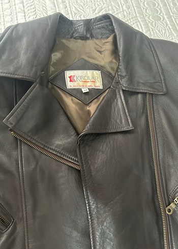 42 Beden Kahverengi Orjinal Deri Biker Ceket, Kemerli, Vintage