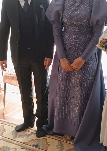 Abiye Mor İşlemeli Drapeli Uzun Abiye Elbise