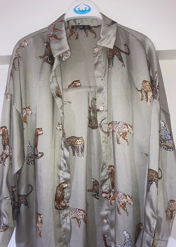 Zara Uzun Kollu Yeşil Leopar Desenli Salaş Gömlek