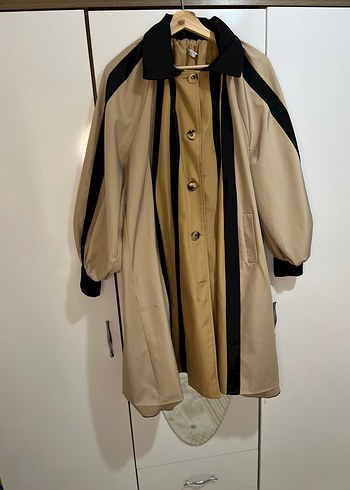 Bej Siyah Uzun Oversize Trençkot