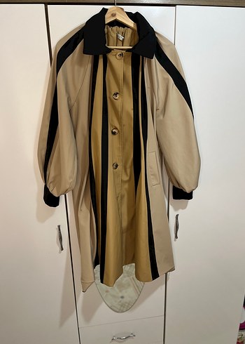 40 Beden Bej Siyah Uzun Oversize Trençkot