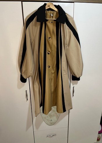 40 Beden camel Renk Bej Siyah Uzun Oversize Trençkot
