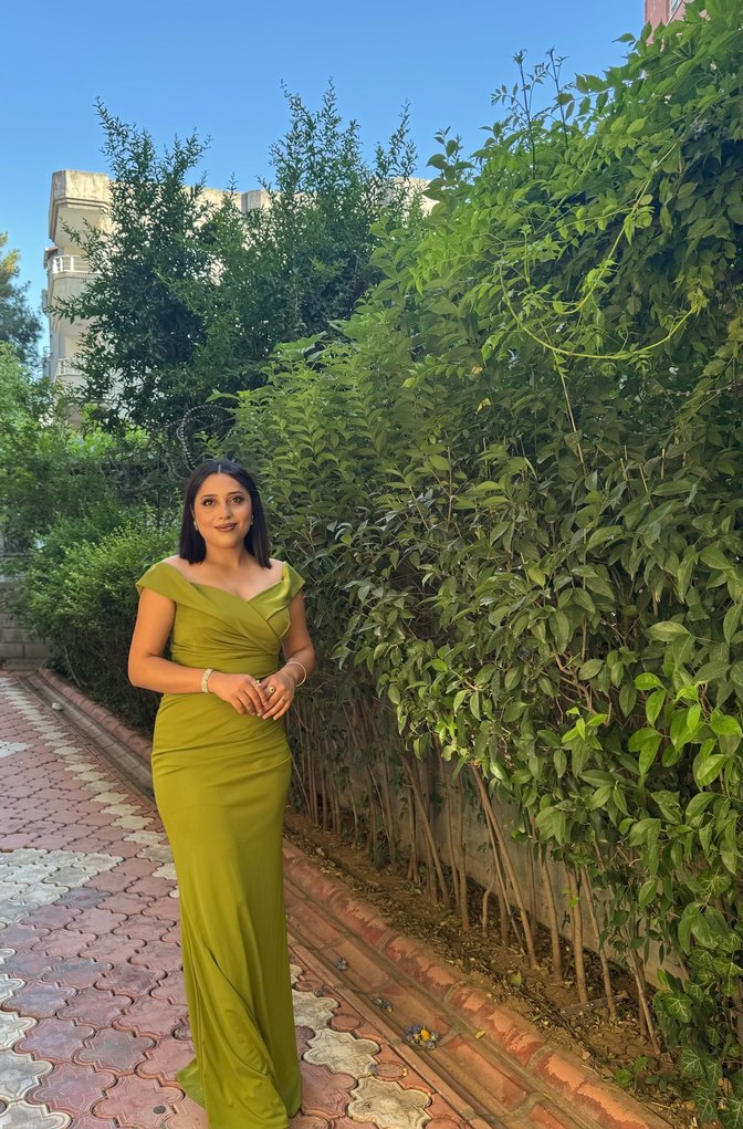 Kadın Haki Uzun Drapeli V Yaka Elbise - Görsel 2