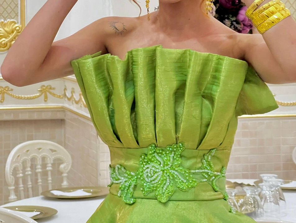 Yeşil Drapeli Straplez Uzun Abiye - Görsel 2