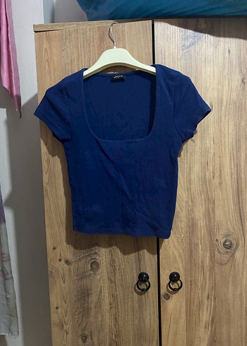 Kısa Kollu Lacivert Denim Kadın crop