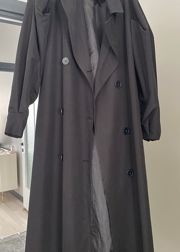 Diğer Siyah Uzun Keten Kadın Trençkot