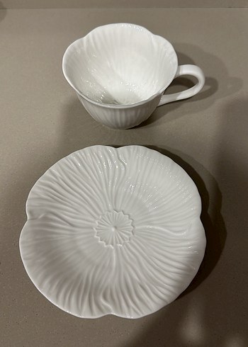 Beyaz Kabartmalı Desenli Fincan ve Tabak - Görsel 3