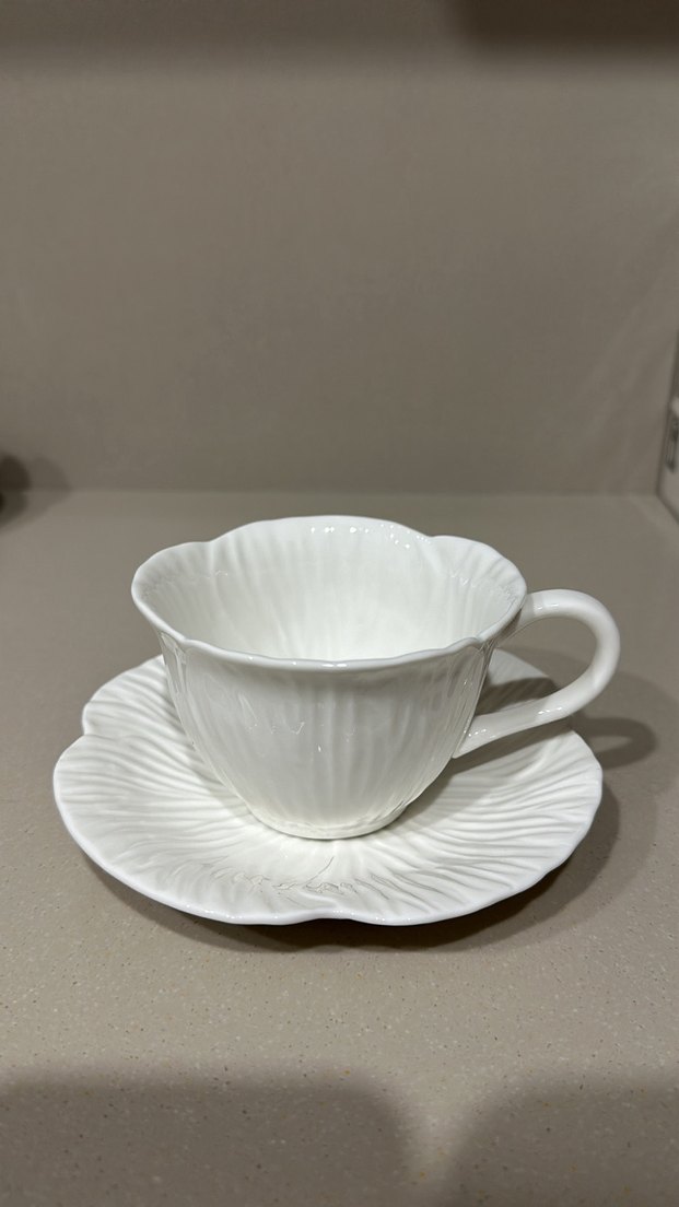 Beyaz Kabartmalı Desenli Fincan ve Tabak - Görsel 2