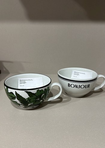 Beyaz Bonjour Yazılı ve Yaprak Desenli Kupa Seti - Görsel 4