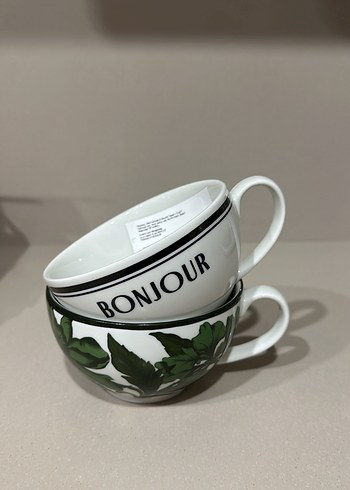 Beyaz Bonjour Yazılı ve Yaprak Desenli Kupa Seti - Görsel 2